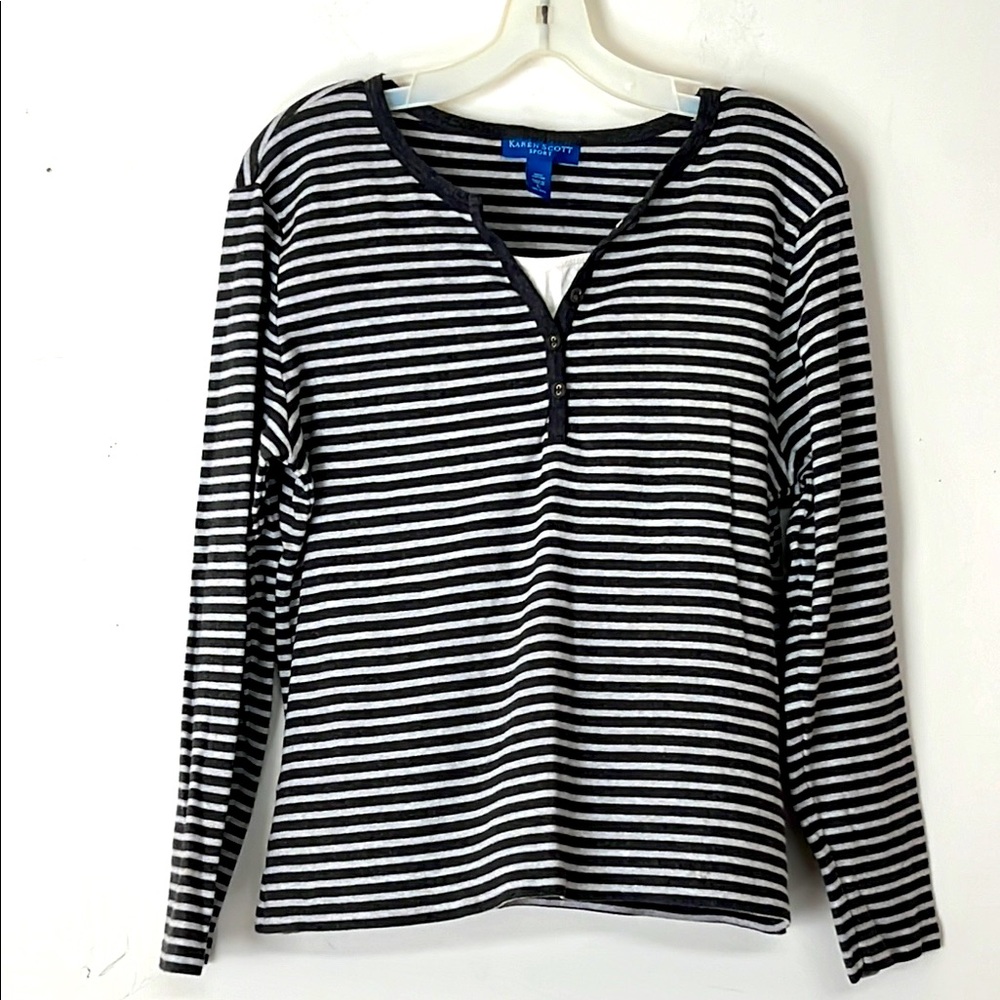 🌞 Karen Scott Sport Black & White Striped Henley layered look top women size L